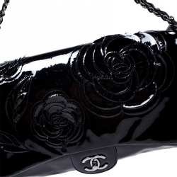 Pre Owned Chanel Black Patent Leather Camellia Flap Shoulder Bag