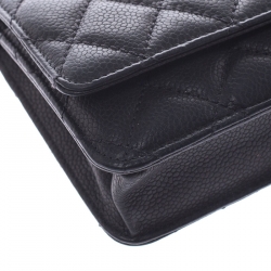 Pre Owned Chanel Black Quilted Caviar Leather Wallet On Chain