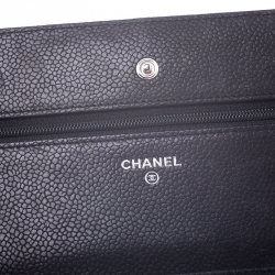 Pre Owned Chanel Black Quilted Caviar Leather Wallet On Chain