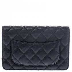 Pre Owned Chanel Black Quilted Caviar Leather Wallet On Chain