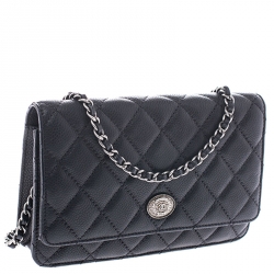 Pre Owned Chanel Black Quilted Caviar Leather Wallet On Chain