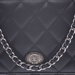 Pre Owned Chanel Black Quilted Caviar Leather Wallet On Chain