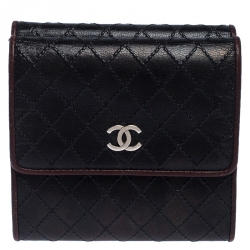 مملوكة مسبقًا Chanel Black/Burgundy Leather Diamond Stitch French Wallet