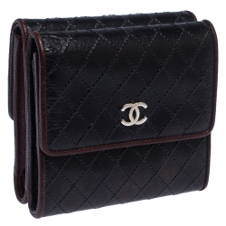 مملوكة مسبقًا Chanel Black/Burgundy Leather Diamond Stitch French Wallet