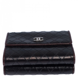 مملوكة مسبقًا Chanel Black/Burgundy Leather Diamond Stitch French Wallet