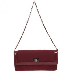 Pre Owned Chanel Dark Bordeaux Quilted Wool and Patent Leather East/West Mademoiselle Flap Bag