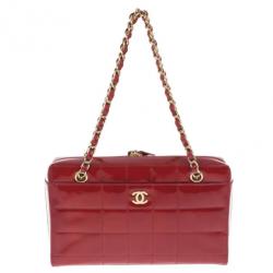 Pre Owned Chanel Red Patent Chocolate Bar Quilted Camera Bag