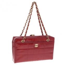 Pre Owned Chanel Red Patent Chocolate Bar Quilted Camera Bag