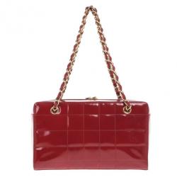 Pre Owned Chanel Red Patent Chocolate Bar Quilted Camera Bag