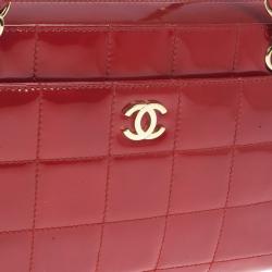 Pre Owned Chanel Red Patent Chocolate Bar Quilted Camera Bag