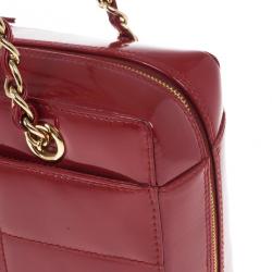 Pre Owned Chanel Red Patent Chocolate Bar Quilted Camera Bag