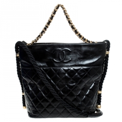 Pre Owned Chanel Black Quilted Leather Rope Chain Hobo