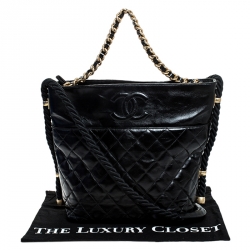 Pre Owned Chanel Black Quilted Leather Rope Chain Hobo
