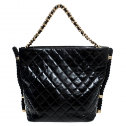Pre Owned Chanel Black Quilted Leather Rope Chain Hobo