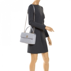Pre Owned Chanel Grey Chevron Quilted Leather Small Trendy CC Flap Top Handle Bag
