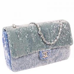 Pre Owned Chanel Blue Sequin Medium Waterfall Sequin Flap Bag