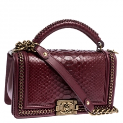 Pre Owned  Chanel Maroon Python Medium Boy Flap Top Handle Bag