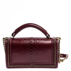 Pre Owned  Chanel Maroon Python Medium Boy Flap Top Handle Bag