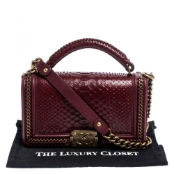 Pre Owned  Chanel Maroon Python Medium Boy Flap Top Handle Bag