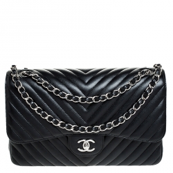 Chanel Black Chevron Caviar Leather Jumbo Classic Double Flap Bag Chanel