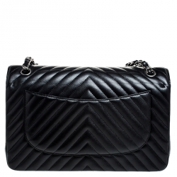 Pre Owned Chanel Black Chevron Caviar Leather Jumbo Classic Double Flap Bag