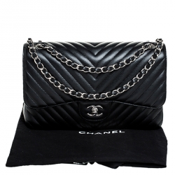Pre Owned Chanel Black Chevron Caviar Leather Jumbo Classic Double Flap Bag