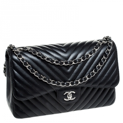 Pre Owned Chanel Black Chevron Caviar Leather Jumbo Classic Double Flap Bag