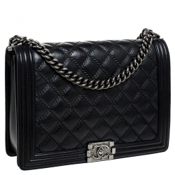 Pre Owned حقيبة شانيل لارج قلاب بوي جلد خروف مبطن أسود