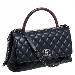 Pre Owned Chanel Navy Blue Quilted Caviar Leather Medium Lizard Handle Coco Flap Bag