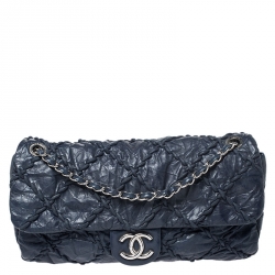 Pre Owned Chanel Navy Blue Quilted Leather Wild Stitch Flap Bag