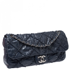 Pre Owned Chanel Navy Blue Quilted Leather Wild Stitch Flap Bag