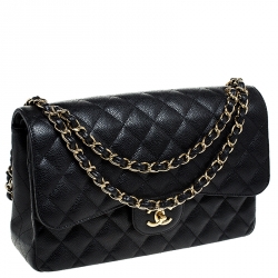 Pre Owned Chanel Black Quilted Caviar Leather Jumbo Classic Double Flap Bag