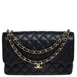 Pre Owned Chanel Black Quilted Caviar Leather Jumbo Classic Double Flap Bag