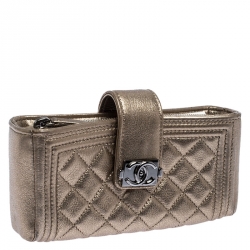Pre Owned Chanel Metallic Gold Quilted Leather CC Phone Holder Clutch