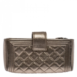 Pre Owned Chanel Metallic Gold Quilted Leather CC Phone Holder Clutch