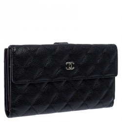 Pre Owned Chanel Black Caviar Leather Double Sided Long Classic Flap Wallet