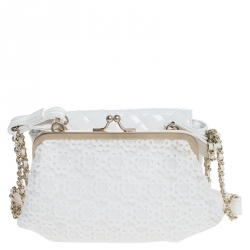 Pre Owned Chanel White Patent Leather and Lace Mini Kiss Lock Double Sided Bag