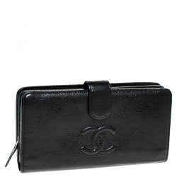 مملوكة مسبقًا محفظة شانيل CC بطيتين جلد سوداء طويلة