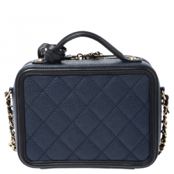 Pre Owned حقيبة شانيل CC فيليجري فايتي جلد أسود/ أزرق كحلي صغيرة مبطنة