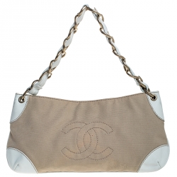 Pre Owned Chanel Beige/White Canvas Vintage Olsen Bag