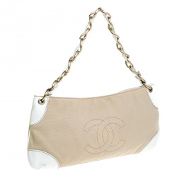 Pre Owned Chanel Beige/White Canvas Vintage Olsen Bag