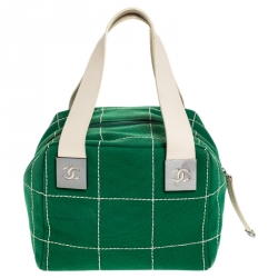 Pre Owned Chanel Green Chocolate Bar Stitch Canvas Boston Bag