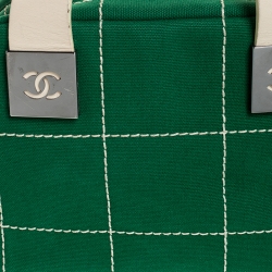 Pre Owned Chanel Green Chocolate Bar Stitch Canvas Boston Bag