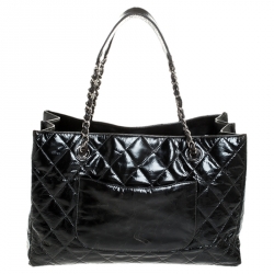 Pre Owned Chanel Black Quilted Crackled Glossy Leather Grand Shopper Tote