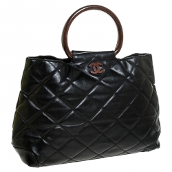 Pre Owned Chanel Black Quilted Leather Resin Ring Handle Bag