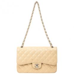 Pre Owned Chanel Beige Caviar Leather Jumbo Classic Flap Bag