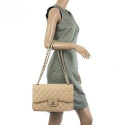 Pre Owned Chanel Beige Caviar Leather Jumbo Classic Flap Bag