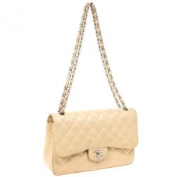 Pre Owned Chanel Beige Caviar Leather Jumbo Classic Flap Bag