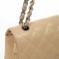 Pre Owned Chanel Beige Caviar Leather Jumbo Classic Flap Bag