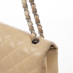 Pre Owned Chanel Beige Caviar Leather Jumbo Classic Flap Bag